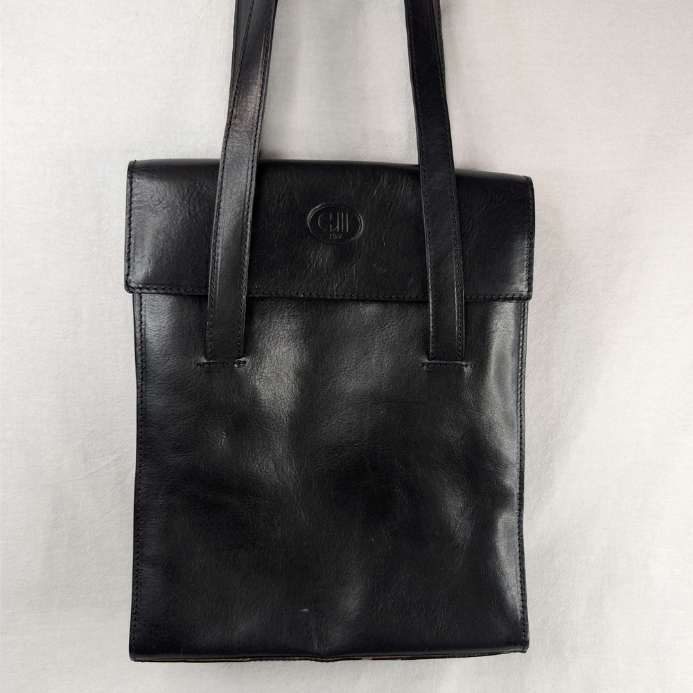 CMI 1966 Firenze Black Genuine Leather Italian Flap Shoulder Bag Tote
